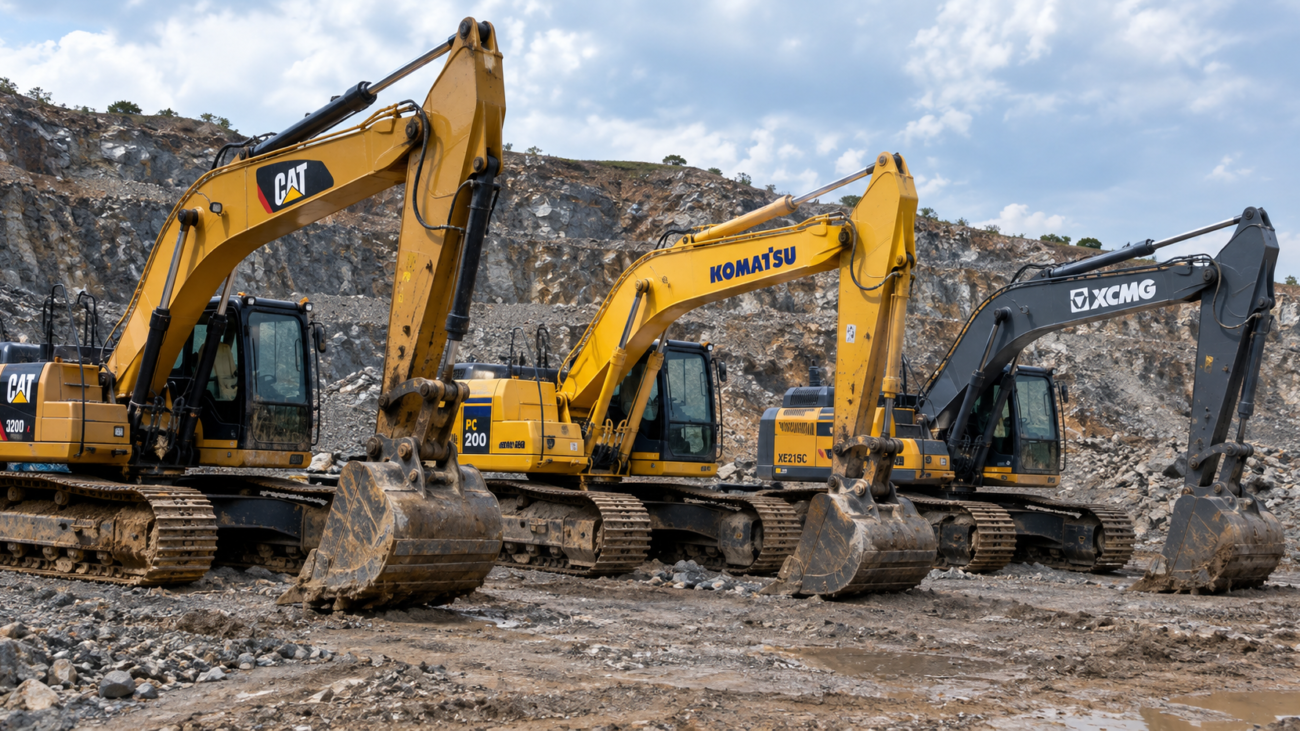 Caterpillar vs Komatsu vs XCMG; excavators in a quarry.