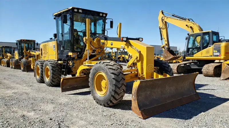 A use motor grader in an equipment yard. 